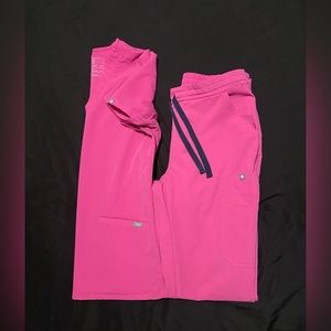 2 Women FIGS Electric Orchid Yola Tall Skinny Scrub Pants &  3-Pocket Scrub Top
